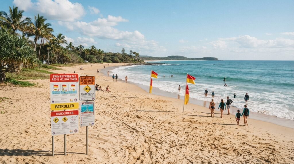 Australian coastal safety signs beside a patrolled beach Australian coastal safety signs beside a patrolled beach