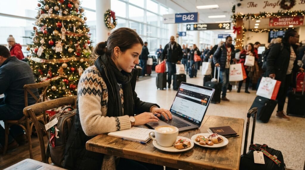 Christmas traveler comparing fares during seasonal travel demand Christmas traveler comparing fares during seasonal travel demand