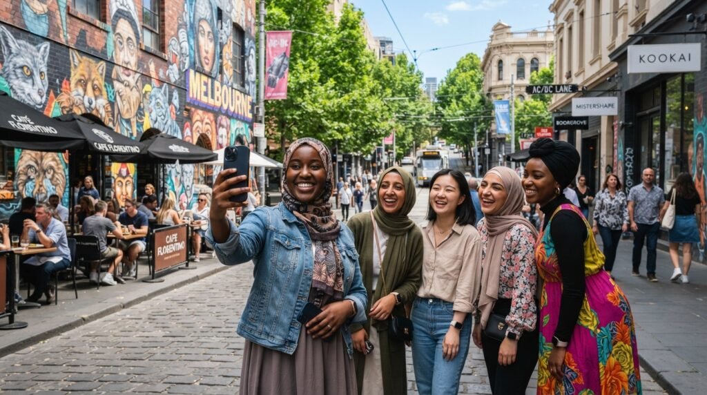 First-time visitors exploring an Australian city street First-time visitors exploring an Australian city street