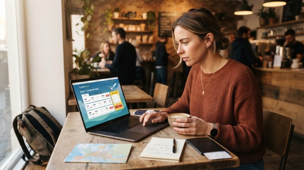 Traveler checking an airline ticket booking window on a laptop Traveler checking an airline ticket booking window on a laptop